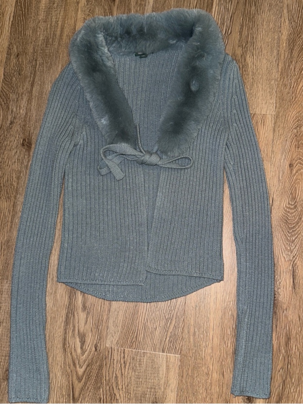 wild fable Gray Ribbed Faux-Fur Collar Tie-Front Cardigan